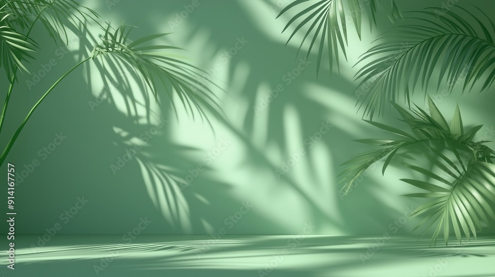 Aufkleber 3D rendering of a green background with soft palm leaf shadows creating a serene atmosphere. This minimalist design offers an ideal empty space for product presentation or mockup scene template, captu