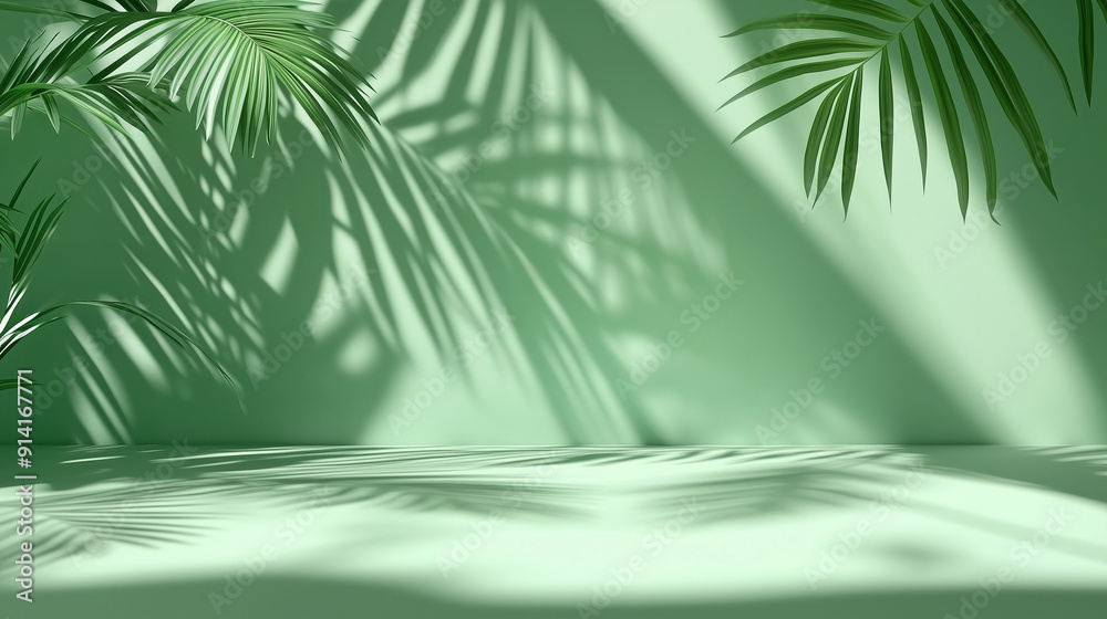 Poster 3D rendering of a green background with soft palm leaf shadows creating a serene atmosphere. This minimalist design offers an ideal empty space for product presentation or mockup scene template, captu