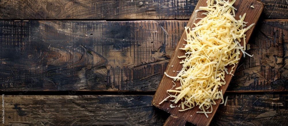 Poster Rustic wooden board with shredded sharp cheddar cheese viewed from below perfect for adding text Includes a copy space image