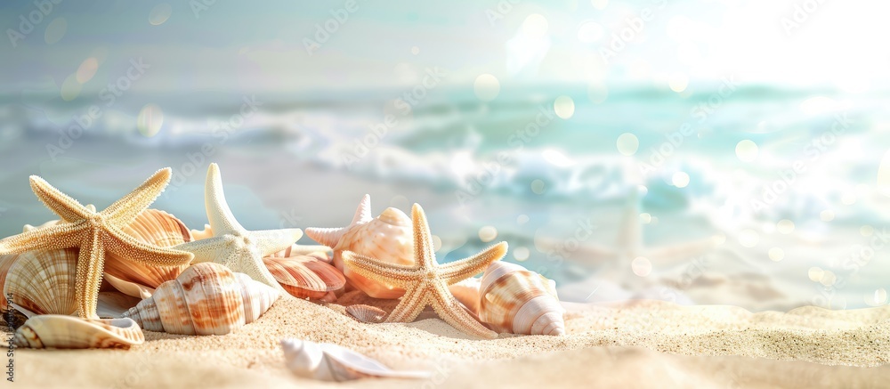 Poster The tranquil beach showcases white sand starfish coral reefs and lovely snail shells against a serene backdrop with copy space image