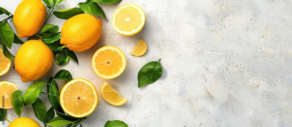 Poster Top view of fresh lemons with leaves on a white concrete background illustrating the Vitamin C concept for immune defense with ample copy space image included