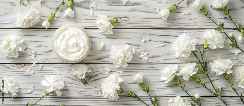 Poster Night cream displayed with white carnation flowers on a bright wooden table background creating an elegant presentation with copy space image