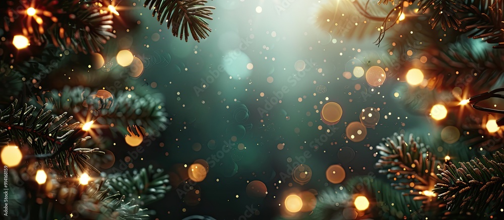 Poster festive christmas background featuring a frame of fir branches twinkling lights and room for text or