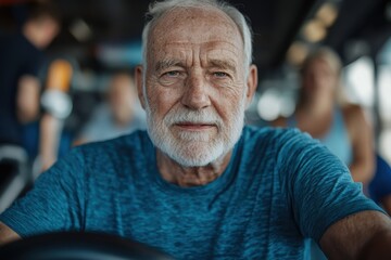 A senior man in a blue shirt works out intensely in a gym, displaying fierce dedication and focus, with gym-goers blurred in the background, highlighting commitment and fitness.