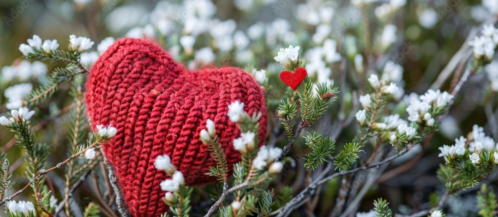 Aufkleber romantic background featuring a red knitted love heart and white heather flowers ideal as a symbol o