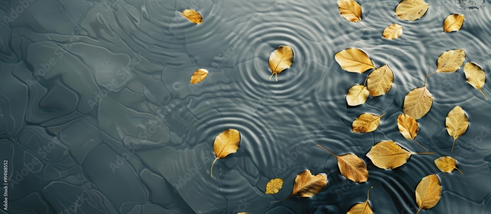 Aufkleber shadowy paths guide across the gray water surface adorned with golden bodhi leaves in a tranquil set