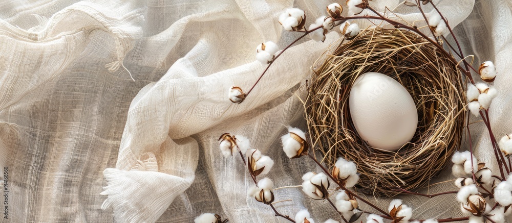 Leinwandbilder Top view of Easter themed decoration featuring an egg nestled in a nest and cotton on a textured rustic linen canvas background Perfect for a spring greeting card with copy space image