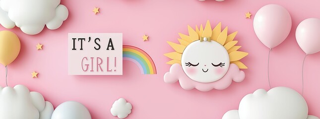 Cute sun with rainbow, clouds, and balloons on pink background for newborn girl. "IT'S A GIRL!" text in vector design.
