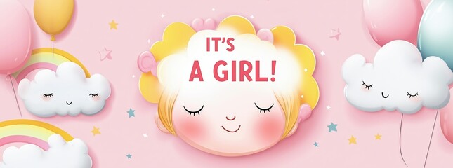 Cartoon baby girl face with clouds, rainbow, and "IT'S A GIRL!" text on pastel pink background in vector illustration.