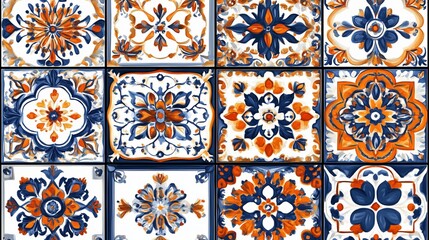 A vibrant collection of six hand-painted ceramic tile designs, featuring intricate floral and geometric patterns.	
