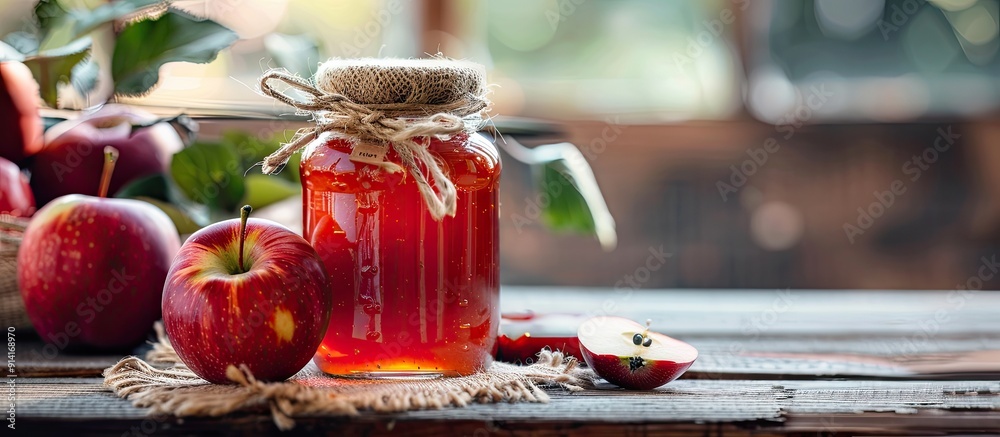 Poster jar of apple jam on a wooden surface with copy space image available