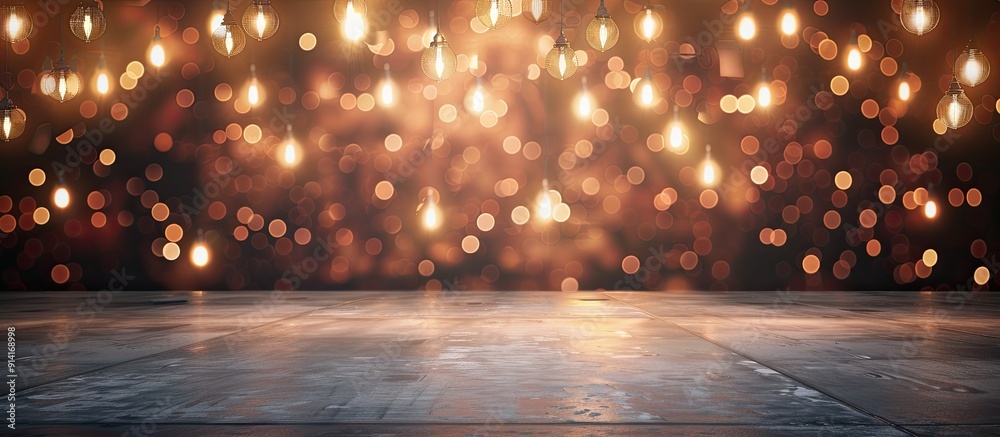Aufkleber An empty stage with lanterns and concrete floor set against an abstract background filled with bokeh lights rays and ample copy space image