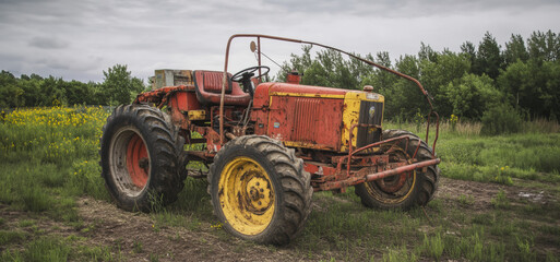 Obraz premium Rusty Vintage Tractor Parked in a Green Field on a Cloudy Day