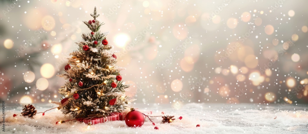 Poster festive christmas tree adorned with decorations set against a charming christmas backdrop perfect fo