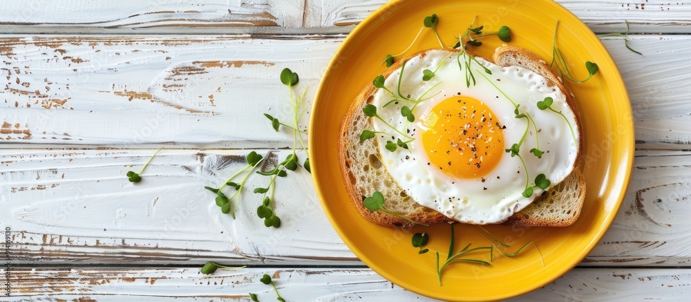 Poster top view of a healthy breakfast scene a yellow plate holds toast topped with an egg and micro greene