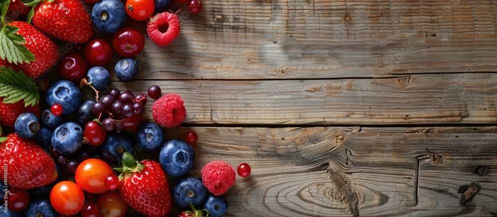 Poster summer fruits and berries beautifully displayed on a wooden background with copy space image