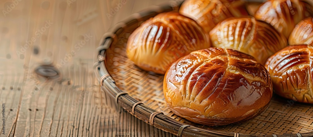 Poster melonpan a popular japanese food is a sweet bread with a unique appearance and crunchy cookie crust 