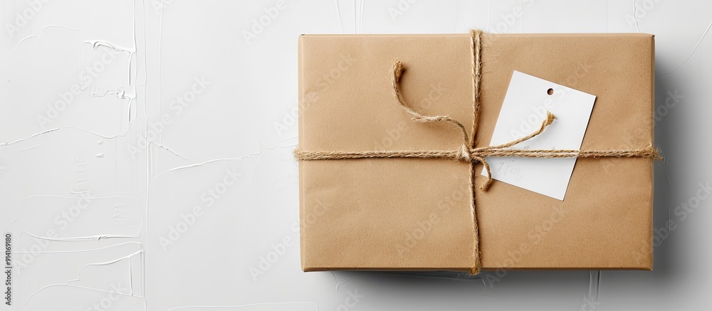 Leinwandbilder top view of a parcel box wrapped in craft paper with an empty label mockup on a white background pro