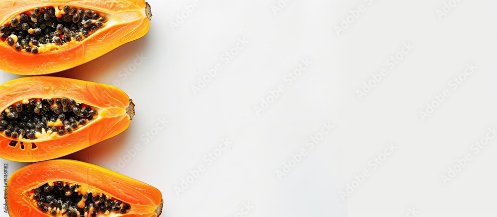 Poster white background with copy space image containing ripe papaya