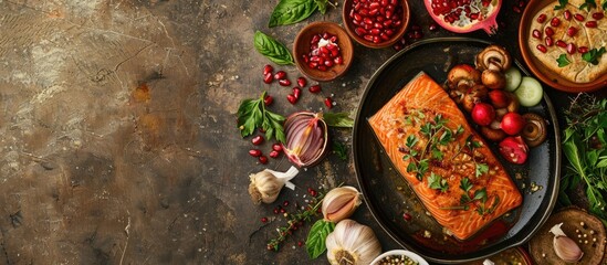 Fototapeta premium Georgian dishes including salmon steak grilled mackerel khash harcho soup dolma chkmeruli and kupati alongside fresh organic produce like pomegranates cucumbers mushrooms and garlic all presented in