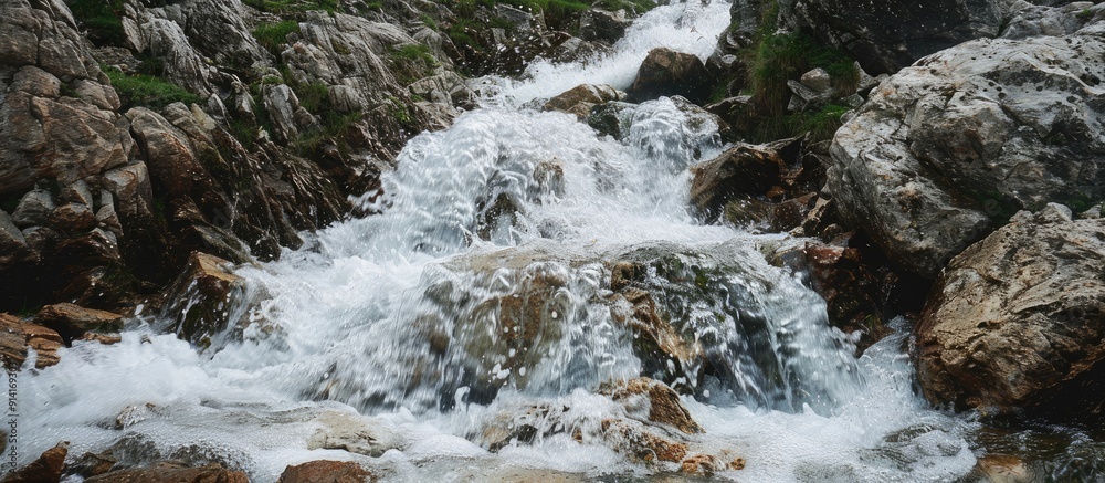 Poster water cascading down a rocky mountain with a copy space image