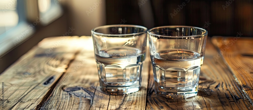 Aufkleber on a wooden table inside there are two glasses of water with a copy space image