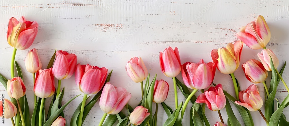 Aufkleber Fresh tulips arranged in a frame creating a spring background with a designated area for text in the image. Creative banner. Copyspace image