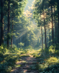 Obraz premium Small sunlit clearing in the middle of a dense fores.