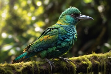 Obraz premium A emerald green bird with iridescent feathers sits on a moss-covered branch