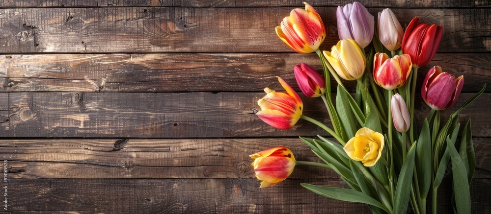 Poster tulips bouquet on rustic wooden backdrop for copy space image
