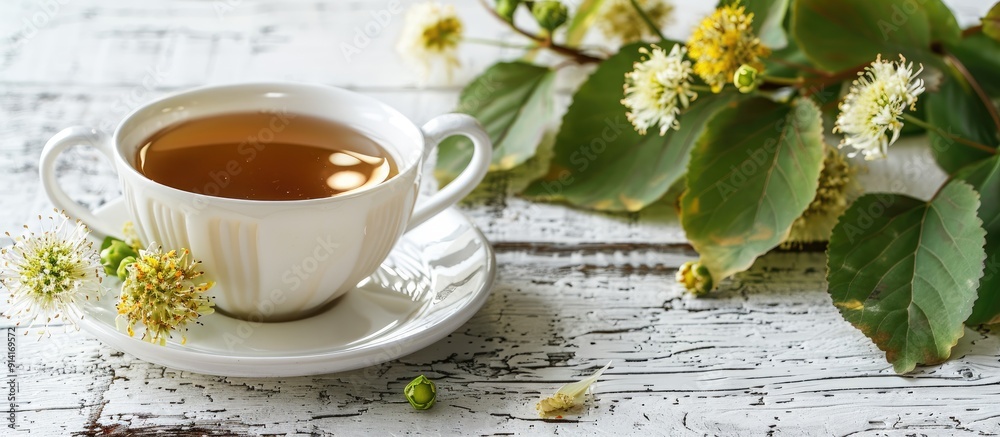 Poster selective focus on a rustic vintage white wooden table with a white cup and saucer featuring bloomin