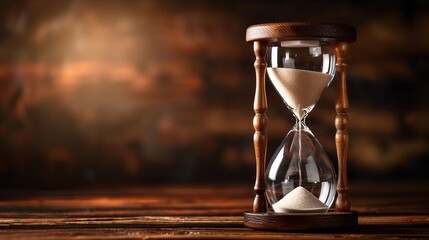 There's a brown wooden table with a hazy back and copy space, and an hourglass made of brown wooden with rushing sand as a symbol of time running out, Generative AI.