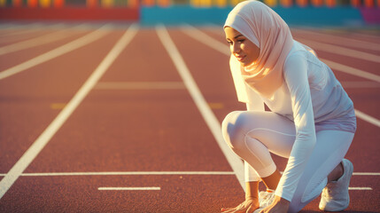 A woman wearing a white sportswear with hijab is posing on a stadium track. Muslim female athlete runner.