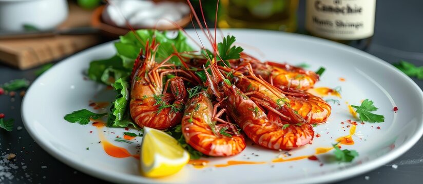Italian dish Insalata di Canocchie or Mantis Shrimps Salad is the focus where boiled mantis shrimps are combined with white wine served on a white plate with salad lemons and a sauce consisting of ol