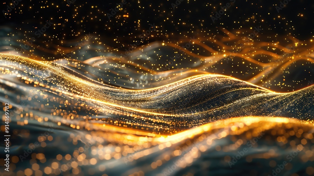 Poster a mesmerizing abstract image featuring glowing waves with shimmering particles, creating a magical a