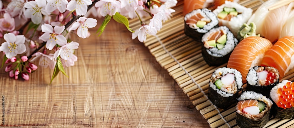 Poster Sushi maki set presented with a fresh sakura branch on a bamboo table with ample copy space image