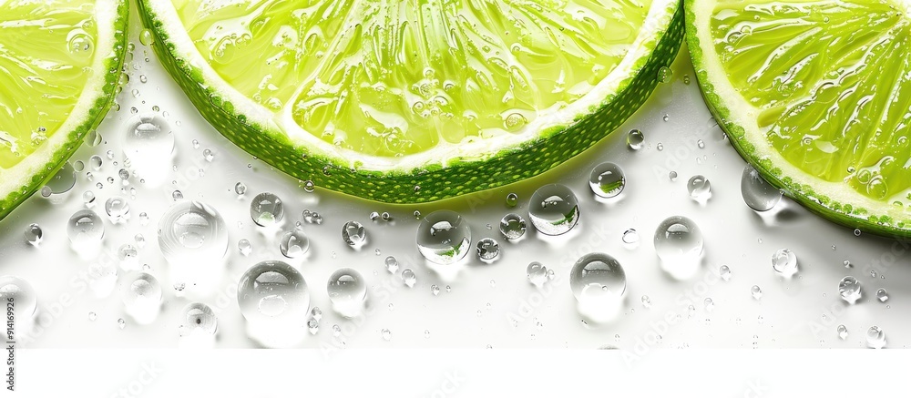 Poster Lime slice with droplets of water on a white background providing ample copy space image