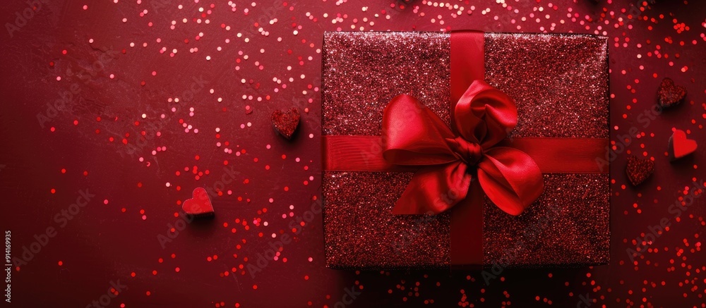 Poster red glittery gift box with a ribbon and small hearts from a top down perspective ideal for a love th