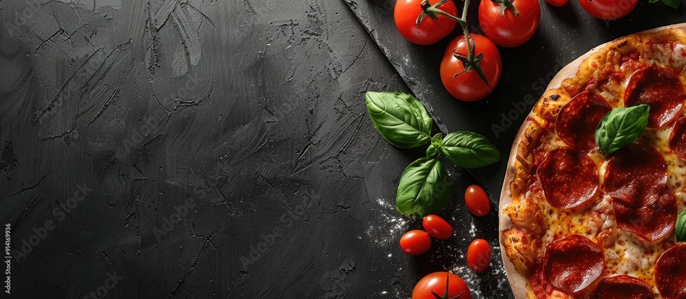 Poster Hot pepperoni pizza on a black concrete surface with tomatoes basil and copy space image for text showcasing the top view in a flat lay banner style