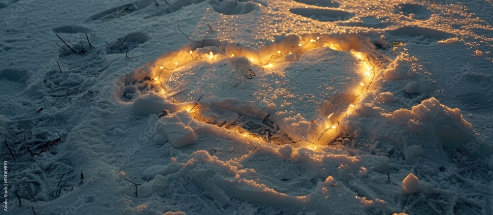 Poster Creating a heart shaped drawing on the glittering snow with a radiant surface emanating light providing a picturesque copy space image