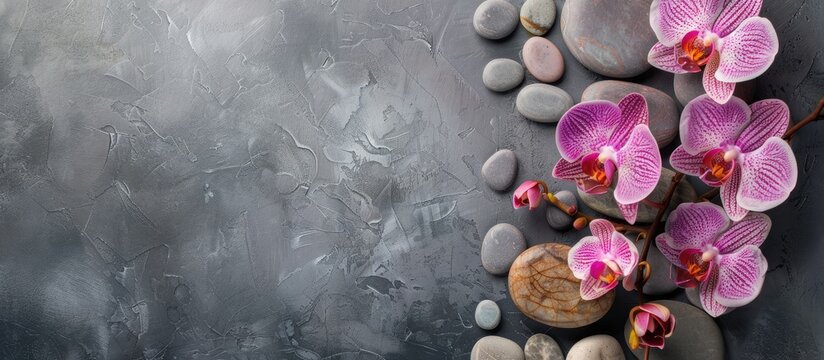 Grey background adorned with a display of spa stones and orchid flowers perfect for adding text in the available copy space image