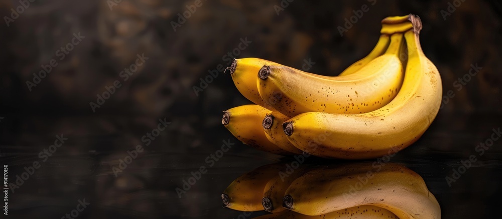 Poster juicy ripe bananas set against a reflective black background with selective focus for a copy space i