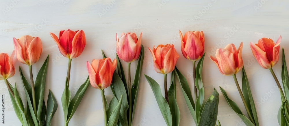Aufkleber Fresh tulips arranged in a frame creating a spring background with a designated area for text in the image. Creative banner. Copyspace image