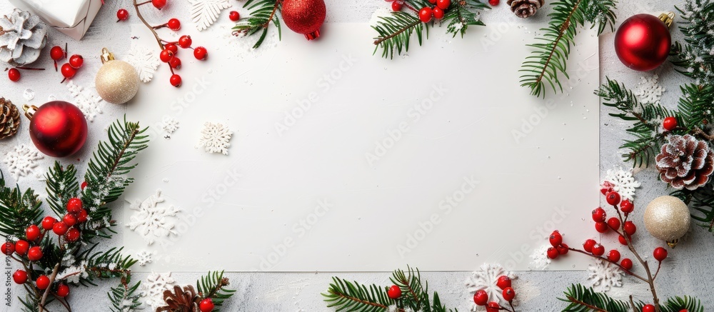 Poster background frame with white paper and christmas decorations with copy space image
