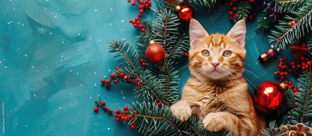 Aufkleber smiling cat surrounded by christmas garland on blue background with copy space image