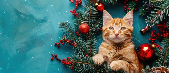Smiling cat surrounded by Christmas garland on blue background with copy space image