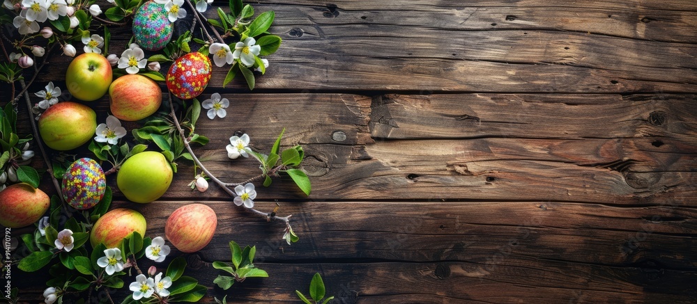 Aufkleber above view of a rustic wooden table adorned with blooming apple tree branches handmade colorful east