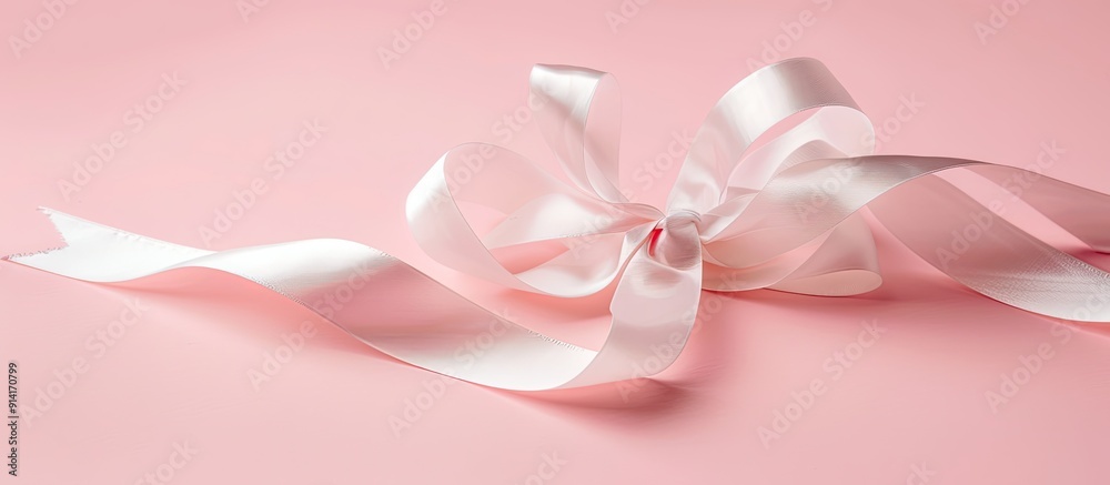 Aufkleber product photograph of a white ribbon on a soft pink background in a studio setting with seamless pap