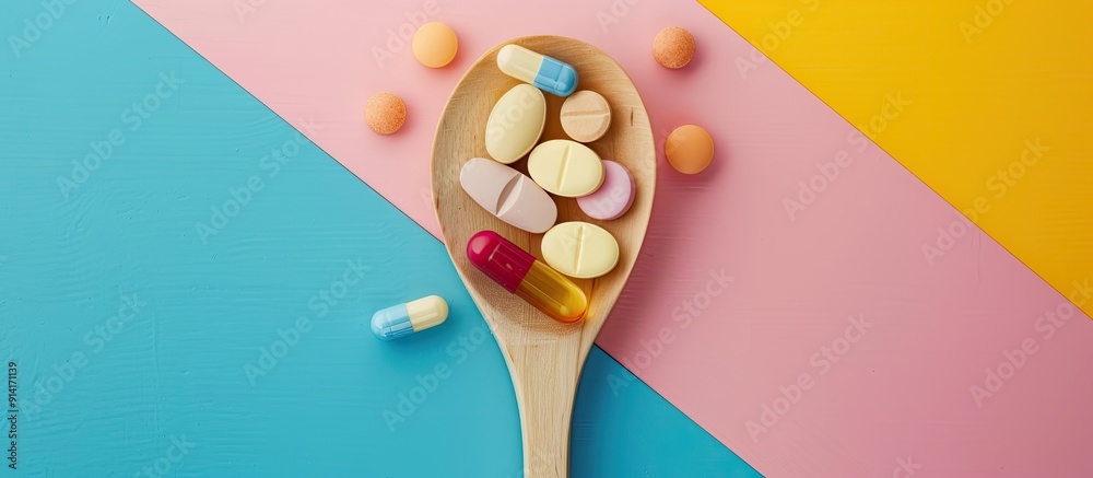 Aufkleber Top view of a variety of vitamin and mineral pills arranged on a wooden spoon against a colored background creating a visually appealing copy space image
