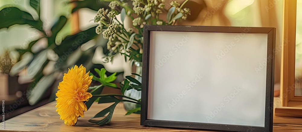 Poster a table showcases a photo frame mockup featuring a yellow flower with ample copy space image